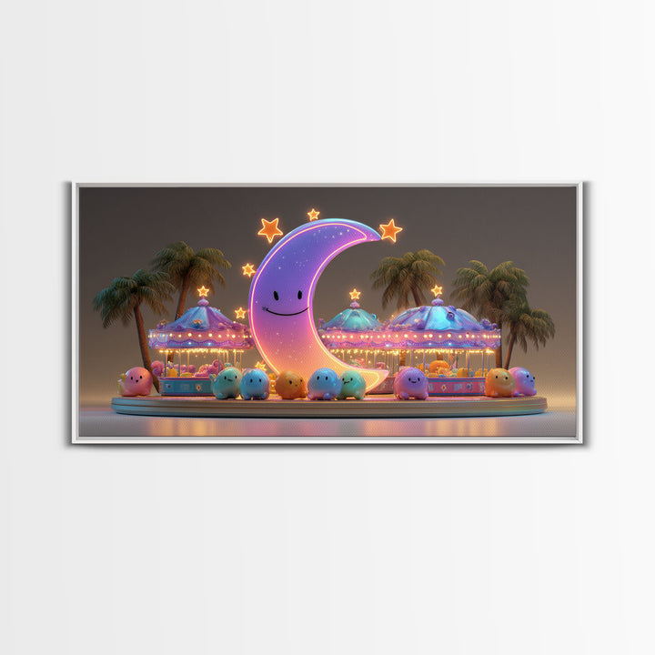 The Tiny Moon Carnival, Retro Neon Halloween Art, Wide Panoramic Art, Framed Canvas Print, Retro Halloween Decor, Neon Wall Art