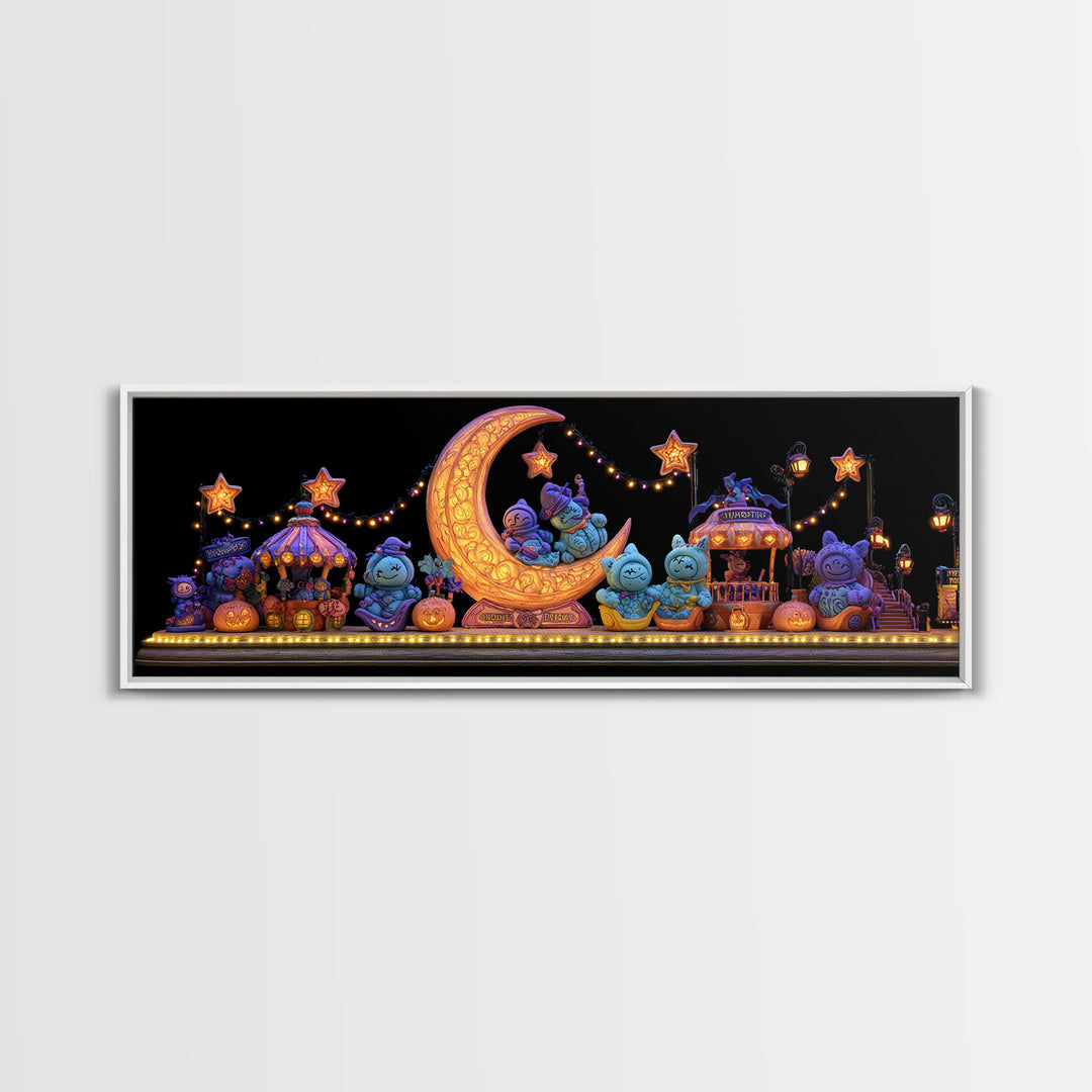 The Tiny Moon Carnival, 80s Halloween Wall Art, Extra Wide Wall Art, Framed Canvas Print, Retro Halloween Decor, Neon Wall Art