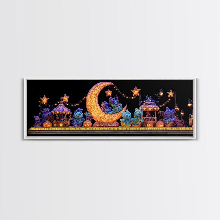 The Tiny Moon Carnival, 80s Halloween Wall Art, Extra Wide Wall Art, Framed Canvas Print, Retro Halloween Decor, Neon Wall Art