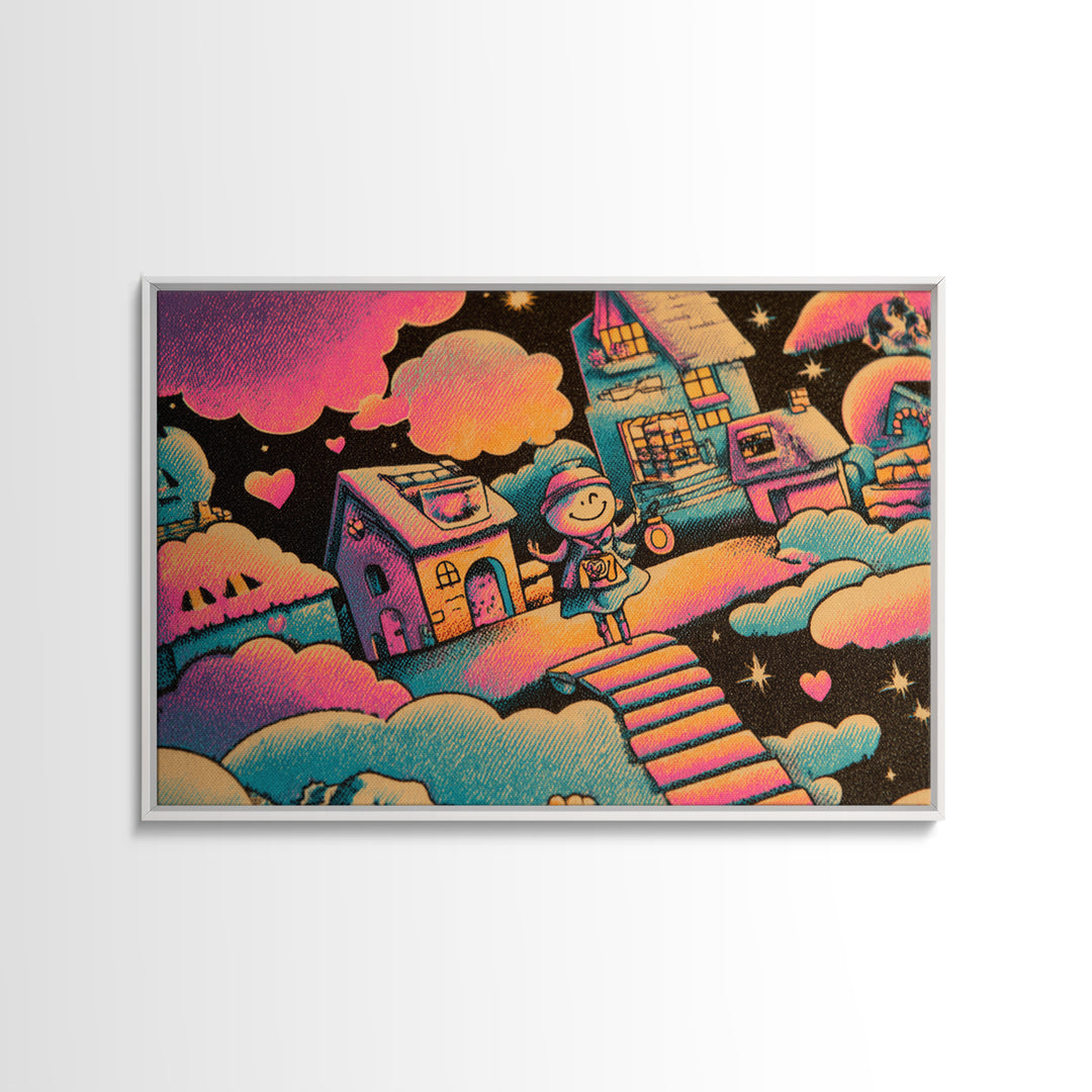 The Upside-Down Candy Kingdom, Synthwave Halloween Art, Landscape Wall Art, Framed Canvas Print, Retro Halloween Decor, Neon Wall Art