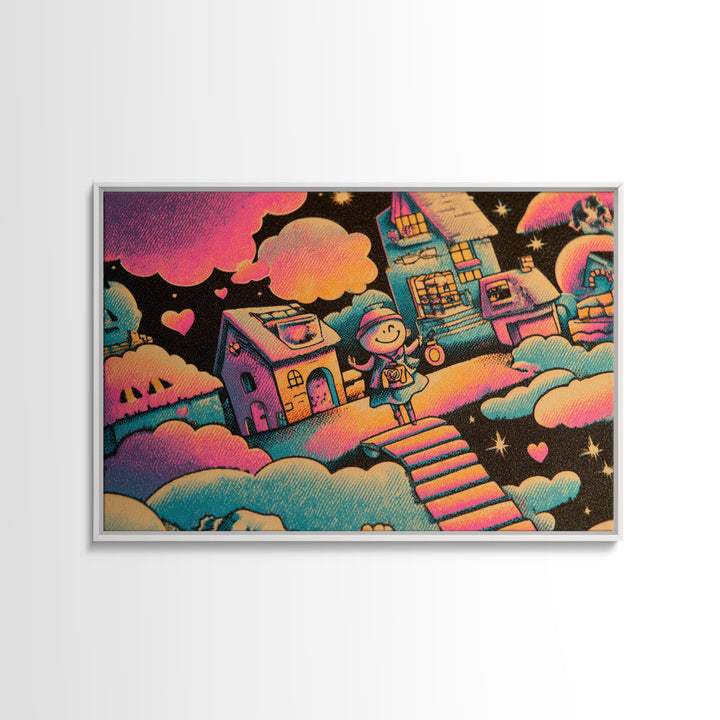 The Upside-Down Candy Kingdom, Synthwave Halloween Art, Landscape Wall Art, Framed Canvas Print, Retro Halloween Decor, Neon Wall Art