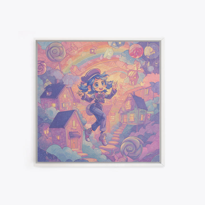 The Upside-Down Candy Kingdom, Synthwave Halloween Art, Square Wall Art, Framed Canvas Print, Retro Halloween Decor, Neon Wall Art