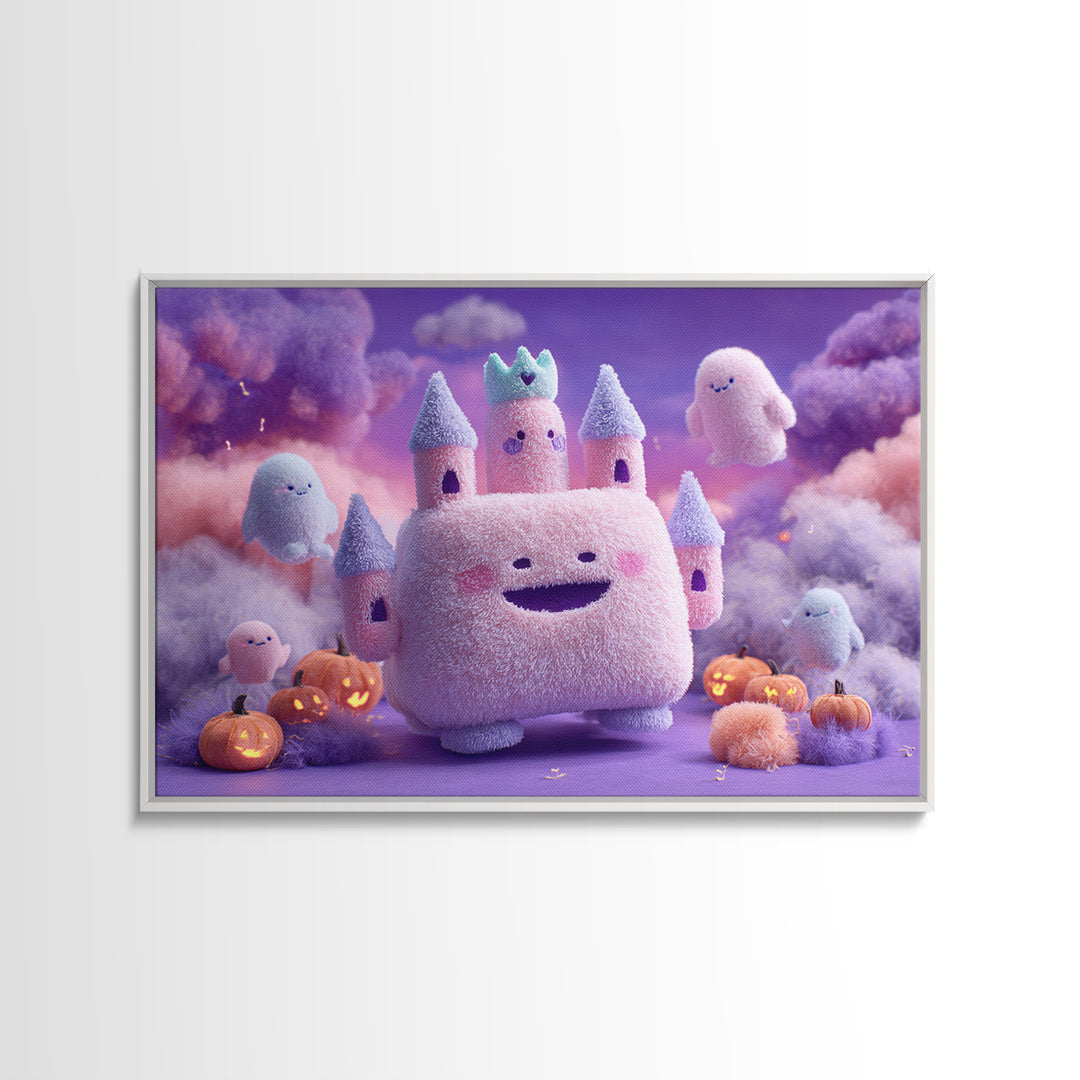 The Halloween Cloud Castle, Vaporwave Halloween Decor, Landscape Wall Art, Framed Canvas Print, Retro Halloween Decor, Neon Wall Art