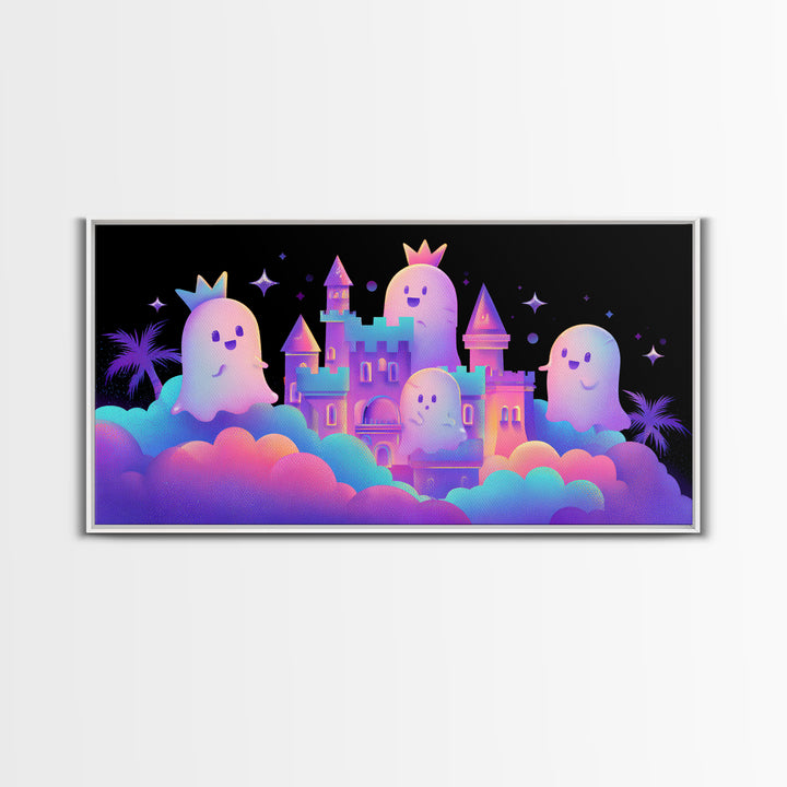 The Halloween Cloud Castle, 80s Halloween Wall Art, Wide Panoramic Art, Framed Canvas Print, Retro Halloween Decor, Neon Wall Art