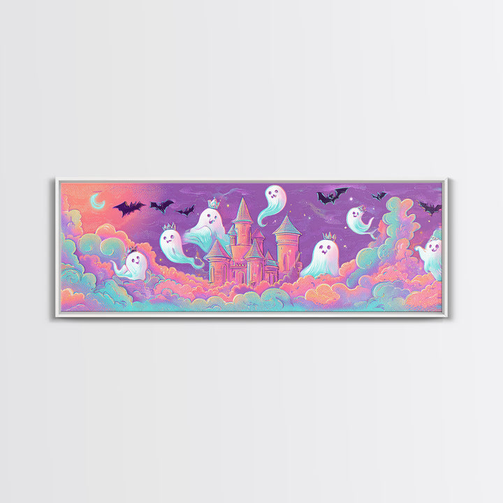 The Halloween Cloud Castle, Retro Neon Halloween Art, Extra Wide Wall Art, Framed Canvas Print, Retro Halloween Decor, Neon Wall Art