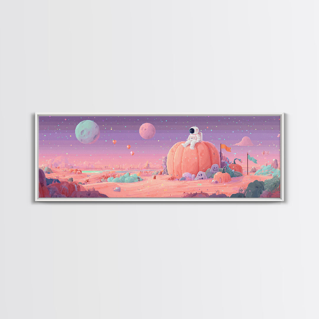 The Pumpkin Moon Expedition, Cute Spooky Neon Art, Extra Wide Wall Art, Framed Canvas Print, Retro Halloween Decor, Neon Wall Art