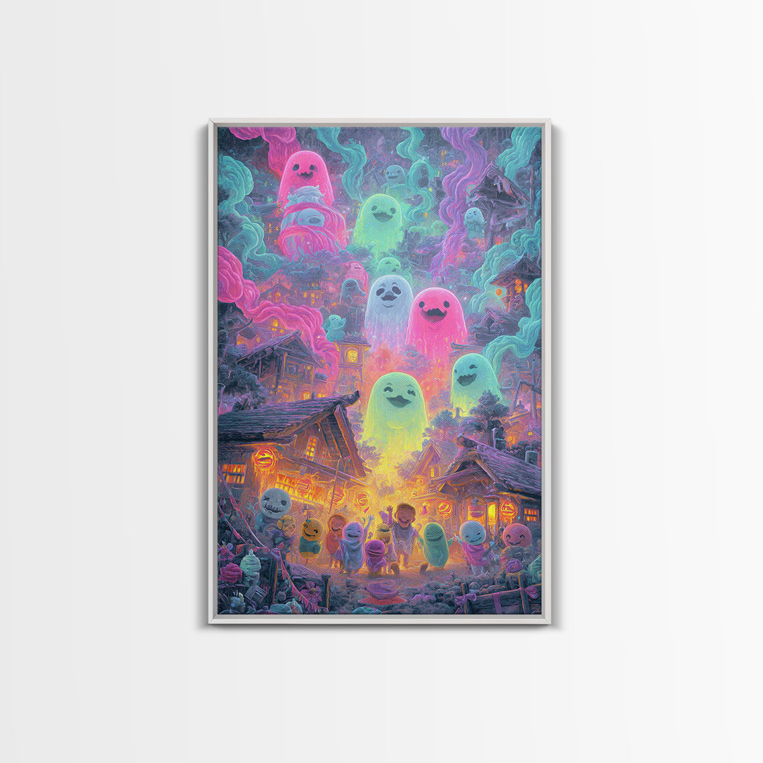 The Ghost Balloon City, Retro Neon Halloween Art, Vertical Wall Art, Framed Canvas Print, Retro Halloween Decor, Neon Wall Art