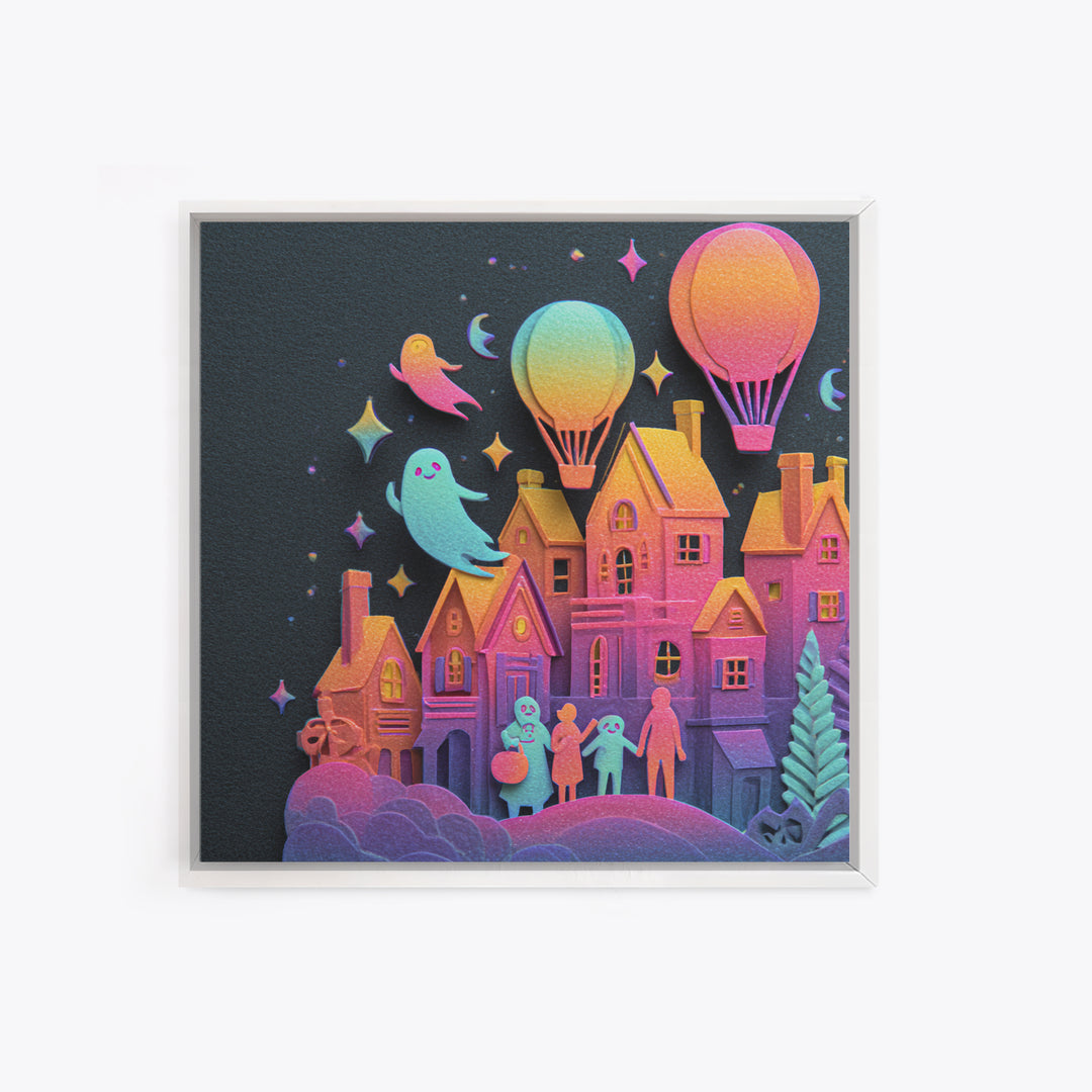 The Ghost Balloon City, Cute Spooky Neon Art, Square Wall Art, Canvas Print, Retro Halloween Decor, Neon Wall Art, Horror Wall Art