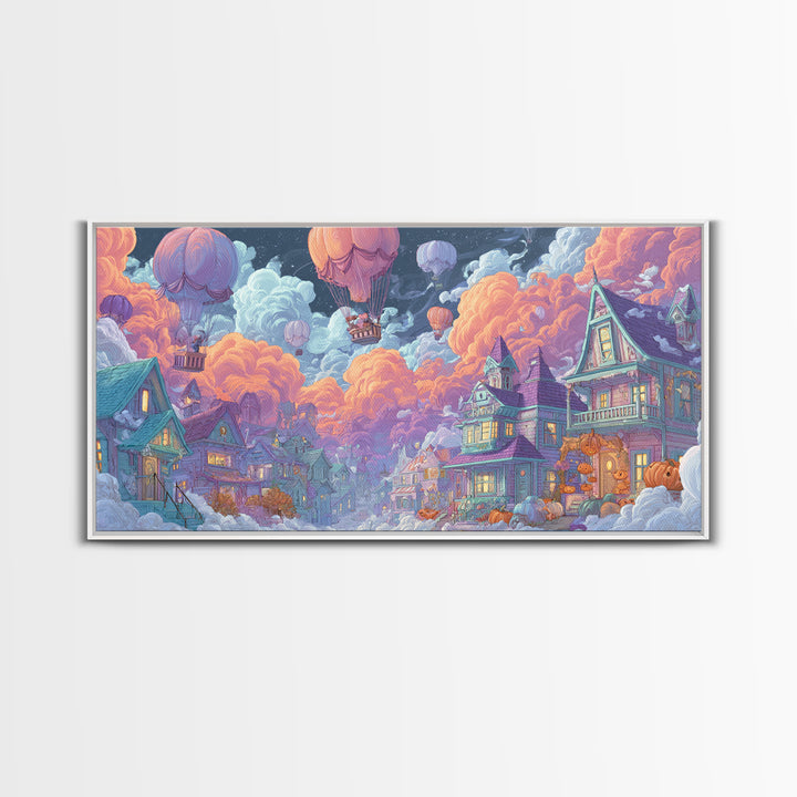 The Ghost Balloon City, Synthwave Halloween Art, Wide Panoramic Art, Framed Canvas Print, Retro Halloween Decor, Neon Wall Art