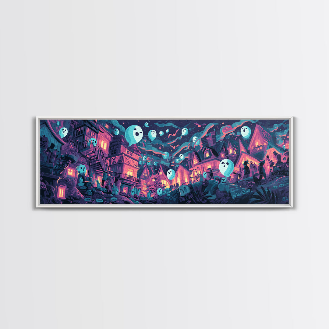 The Ghost Balloon City, Synthwave Halloween Art, Extra Wide Wall Art, Canvas Print, Retro Halloween Decor, Neon Wall Art, Statement Wall Art