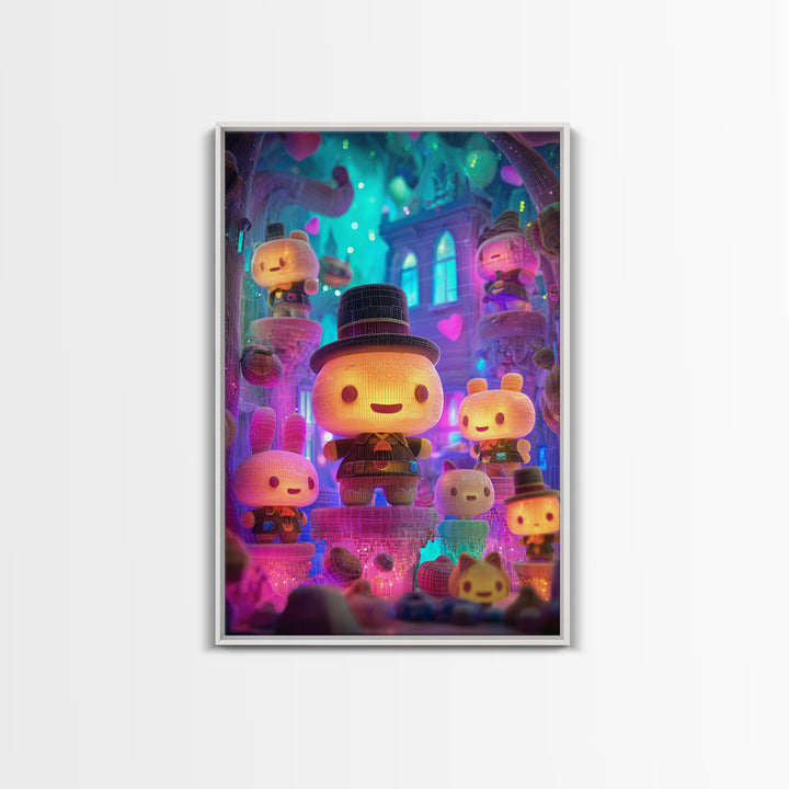 The Halloween Toy Kingdom, Cute Spooky Neon Art, Vertical Wall Art, Framed Canvas Print, Retro Halloween Decor, Neon Wall Art