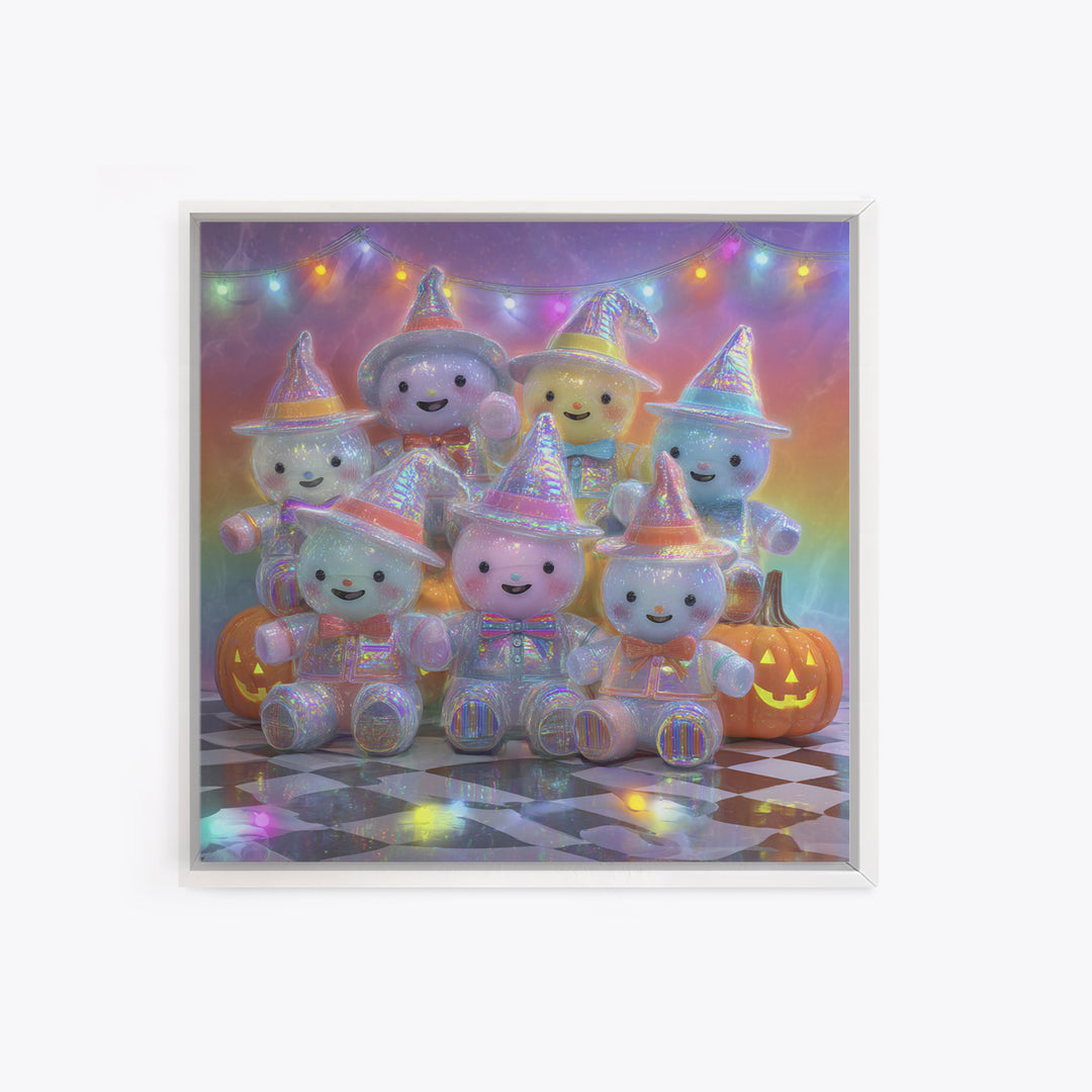 The Halloween Toy Kingdom, Cute Spooky Neon Art, Square Wall Art, Framed Canvas Print, Retro Halloween Decor, Neon Wall Art
