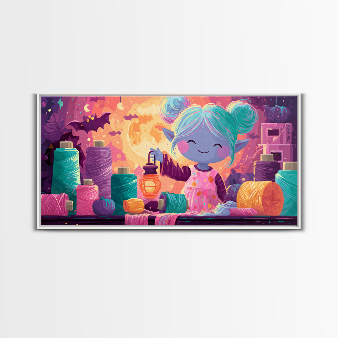 The Magical Costume Workshop, 80s Halloween Wall Art, Wide Panoramic Art, Framed Canvas Print, Retro Halloween Decor, Neon Wall Art
