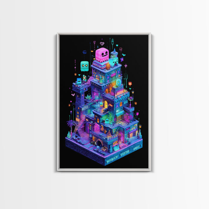 The Great Monster Pajama Party, Retro Neon Halloween Art, Vertical Wall Art, Framed Canvas Print, Retro Halloween Decor, Neon Wall Art