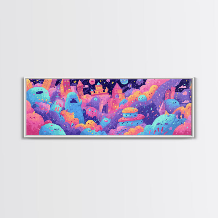 The Great Monster Pajama Party, Vaporwave Halloween Decor, Extra Wide Wall Art, Canvas Print, Retro Halloween Decor, Neon Wall Art