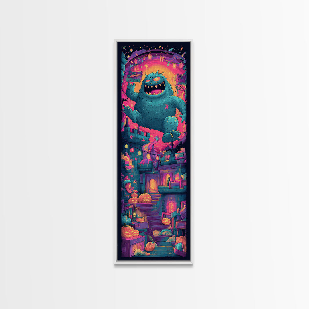 The Great Monster Pajama Party, Vaporwave Halloween Decor, Tall Narrow Wall Art, Canvas Print, Retro Halloween Decor, Neon Wall Art