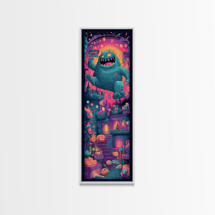 The Great Monster Pajama Party, Vaporwave Halloween Decor, Tall Narrow Wall Art, Canvas Print, Retro Halloween Decor, Neon Wall Art