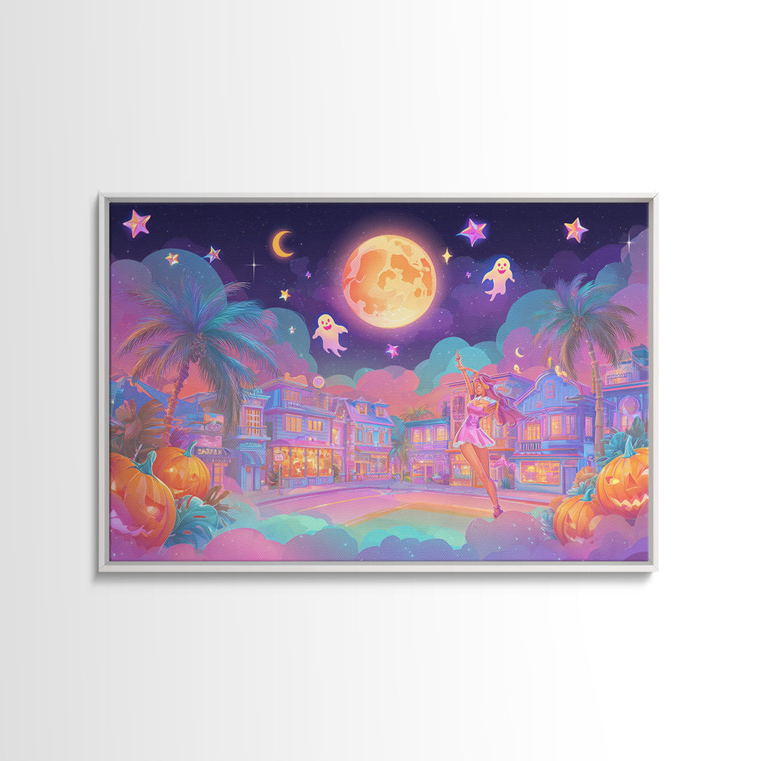 The Rainbow Halloween Night, 80s Halloween Wall Art, Landscape Wall Art, Canvas Print, Retro Halloween Decor, Neon Wall Art