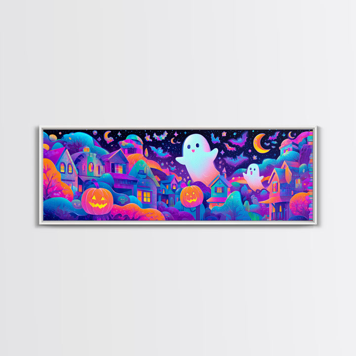 The Rainbow Halloween Night, Cute Spooky Neon Art, Extra Wide Wall Art, Canvas Print, Retro Halloween Decor, Neon Wall Art