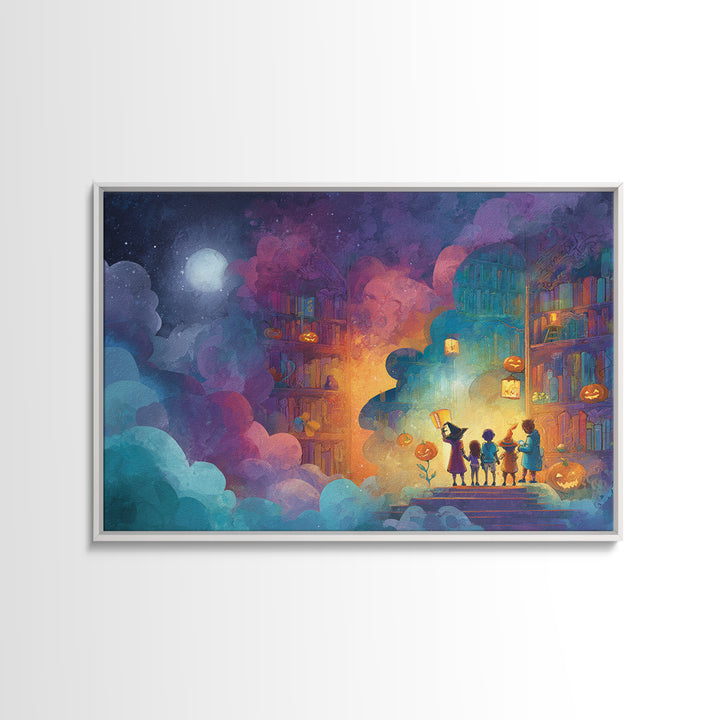 The Enchanted Halloween Library, Retro Neon Halloween Art, Landscape Wall Art, Framed Canvas Print, Retro Halloween Decor, Neon Wall Art
