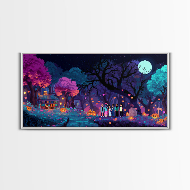 The Enchanted Halloween Library, Cute Spooky Neon Art, Wide Panoramic Art, Canvas Print, Retro Halloween Decor, Neon Wall Art