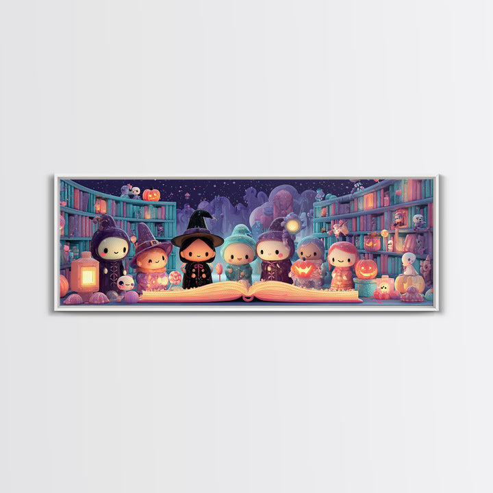 The Enchanted Halloween Library, Cute Spooky Neon Art, Extra Wide Wall Art, Canvas Print, Retro Halloween Decor, Neon Wall Art
