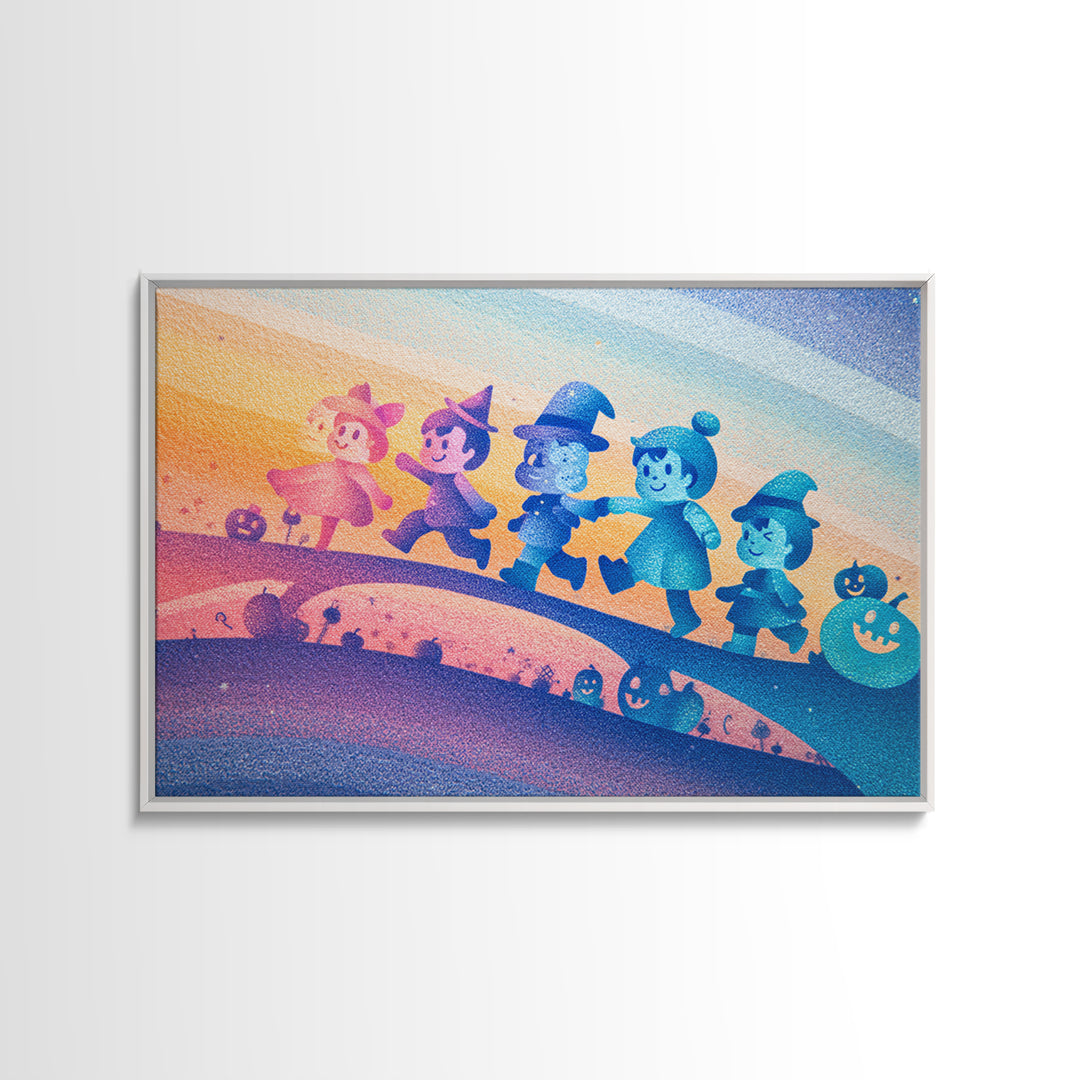 The Parade Across The Stars, Cute Spooky Neon Art, Landscape Wall Art, Canvas Print, Retro Halloween Decor, Neon Wall Art, Spooky Wall Decor