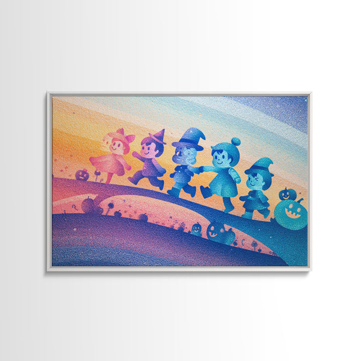 The Parade Across The Stars, Cute Spooky Neon Art, Landscape Wall Art, Canvas Print, Retro Halloween Decor, Neon Wall Art, Spooky Wall Decor