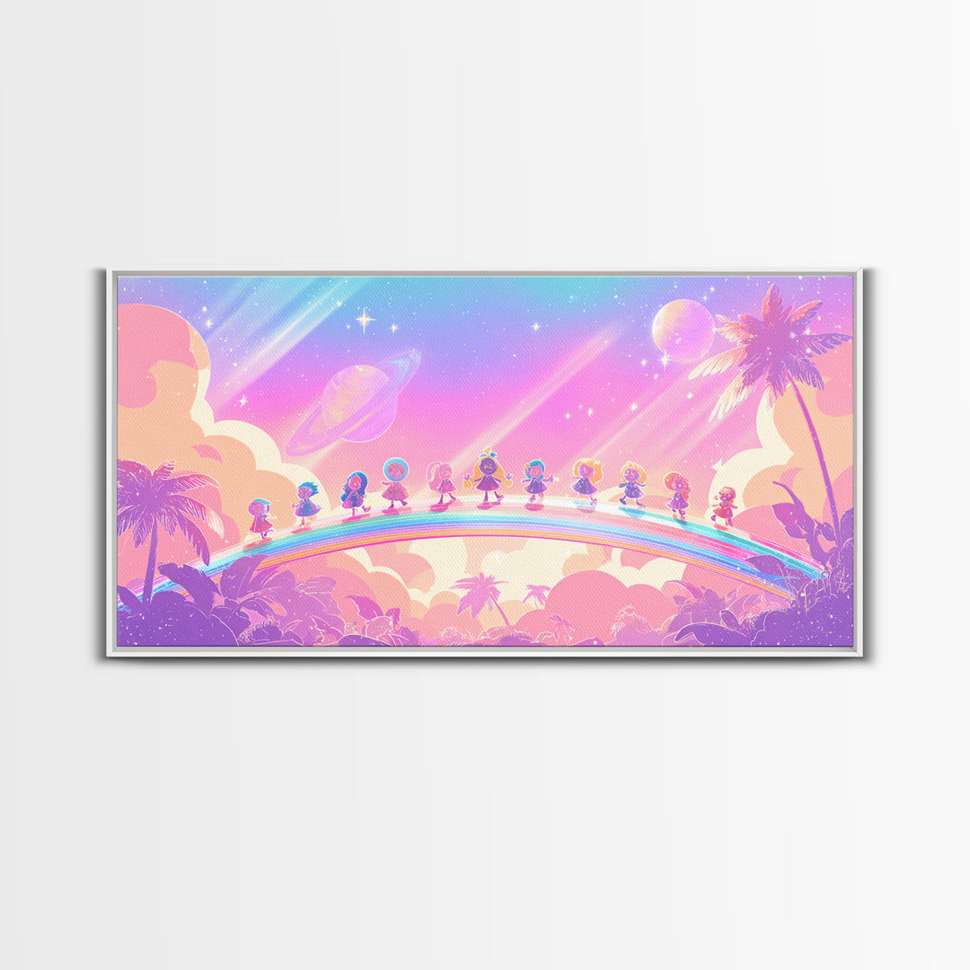 The Parade Across The Stars, Synthwave Halloween Art, Wide Panoramic Art, Framed Canvas Print, Retro Halloween Decor, Neon Wall Art