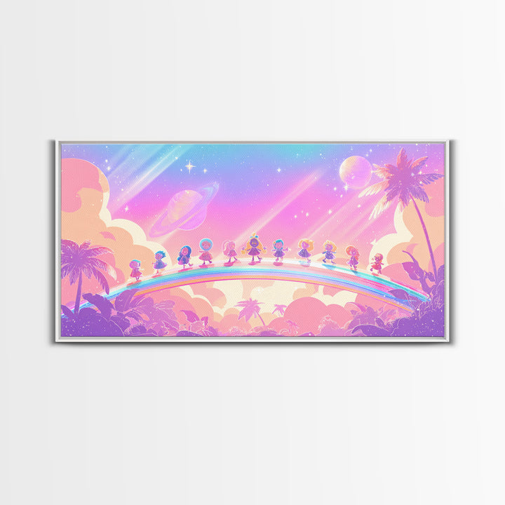 The Parade Across The Stars, Synthwave Halloween Art, Wide Panoramic Art, Framed Canvas Print, Retro Halloween Decor, Neon Wall Art