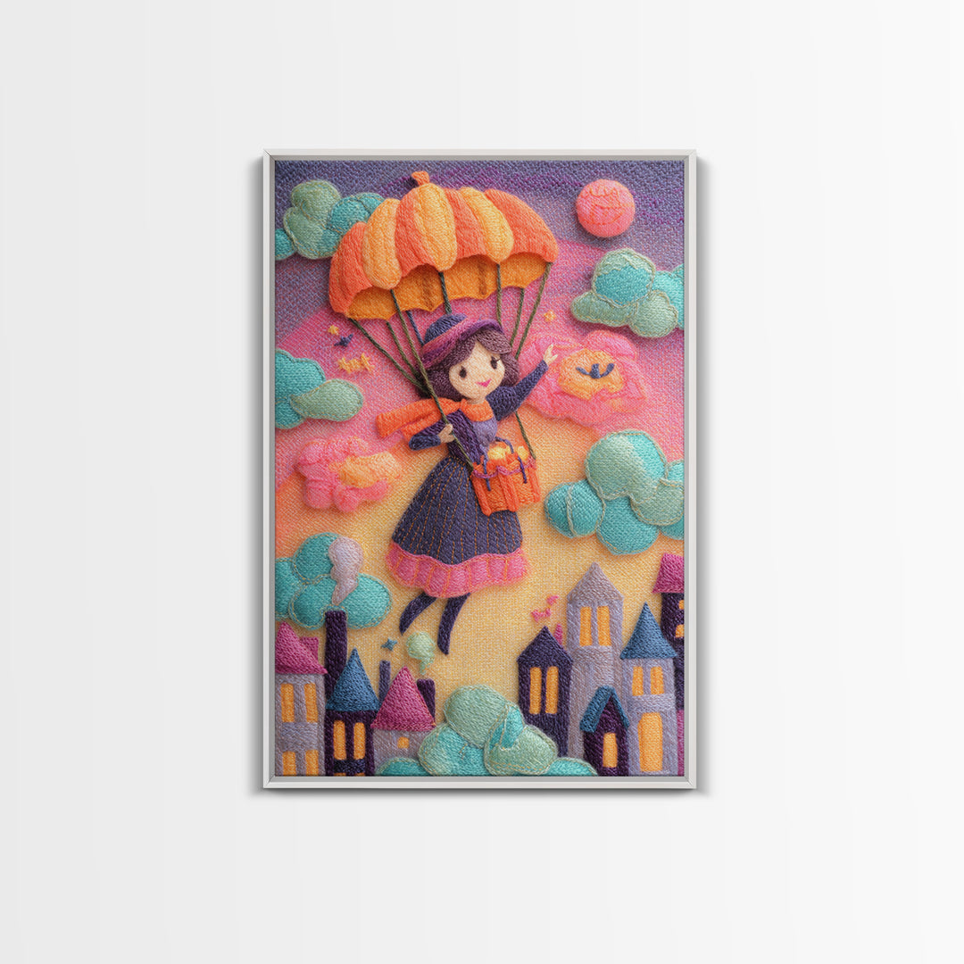 The Enchanted Umbrella Adventure, 80s Halloween Wall Art, Vertical Wall Art, Canvas Print, Retro Halloween Decor, Neon Wall Art