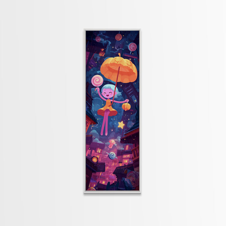 The Enchanted Umbrella Adventure, Vaporwave Halloween Decor, Tall Narrow Wall Art, Canvas Print, Retro Halloween Decor, Neon Wall Art