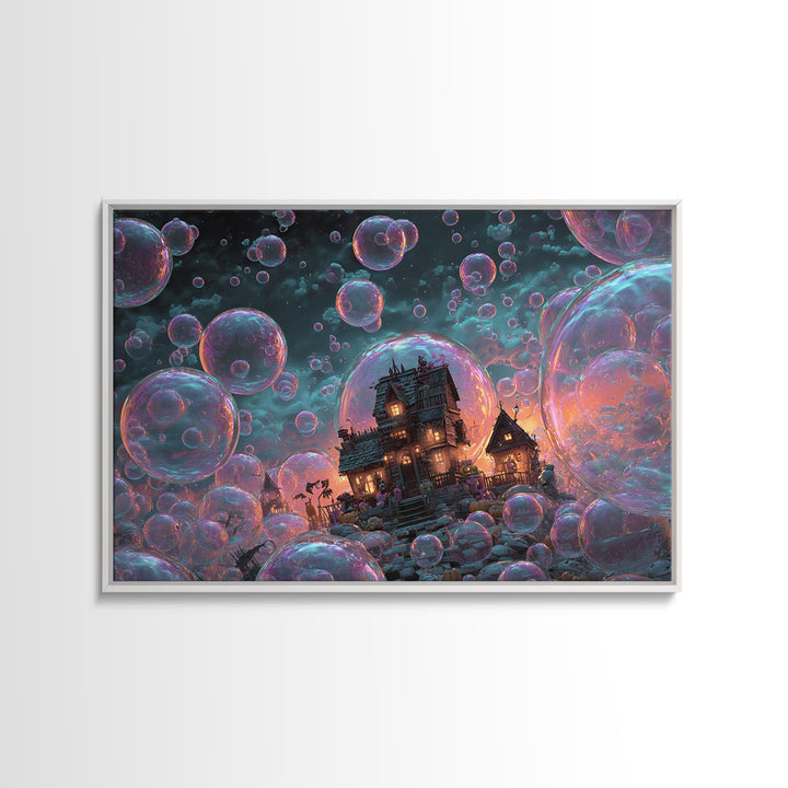 The Halloween Bubble Village, Synthwave Halloween Art, Landscape Wall Art, Framed Canvas Print, Retro Halloween Decor, Neon Wall Art