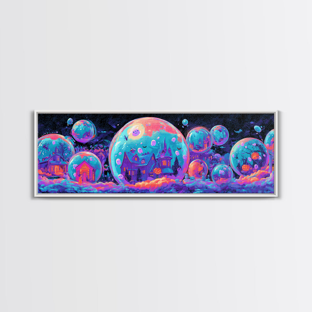 The Halloween Bubble Village, Cute Spooky Neon Art, Extra Wide Wall Art, Canvas Print, Retro Halloween Decor, Neon Wall Art