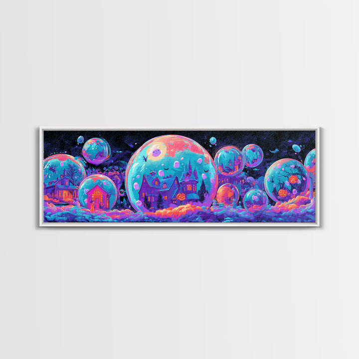 The Halloween Bubble Village, Cute Spooky Neon Art, Extra Wide Wall Art, Canvas Print, Retro Halloween Decor, Neon Wall Art