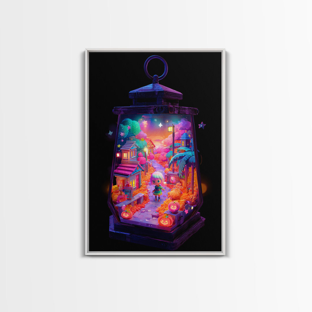 The World Inside A Lantern, Cute Spooky Neon Art, Vertical Wall Art, Canvas Print, Retro Halloween Decor, Neon Wall Art, Macabre Wall Art