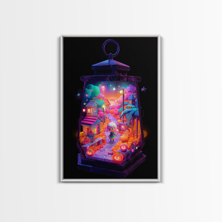The World Inside A Lantern, Cute Spooky Neon Art, Vertical Wall Art, Canvas Print, Retro Halloween Decor, Neon Wall Art, Macabre Wall Art