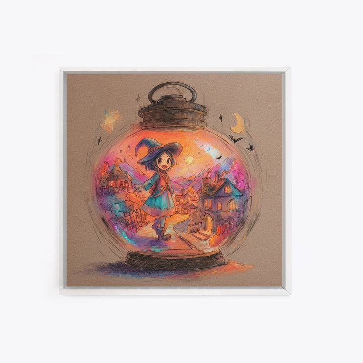 The World Inside A Lantern, Cute Spooky Neon Art, Square Wall Art, Framed Canvas Print, Retro Halloween Decor, Neon Wall Art