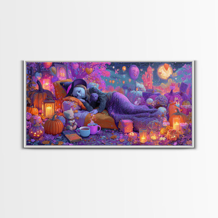 The Festival Of Friendly Frights, 80s Halloween Wall Art, Wide Panoramic Art, Framed Canvas Print, Retro Halloween Decor, Neon Wall Art