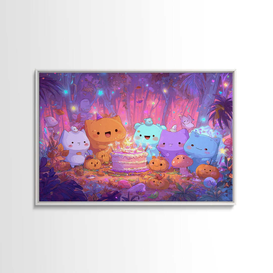 October'S Birthday Party, Cute Spooky Neon Art, Landscape Wall Art, Framed Canvas Print, Retro Halloween Decor, Neon Wall Art