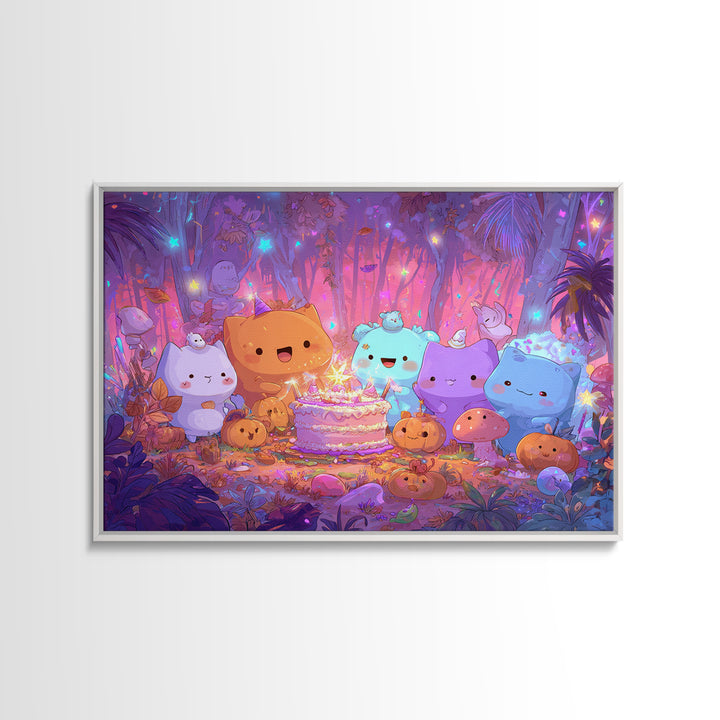 October'S Birthday Party, Cute Spooky Neon Art, Landscape Wall Art, Framed Canvas Print, Retro Halloween Decor, Neon Wall Art