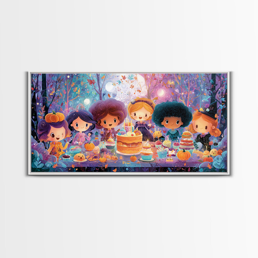 October'S Birthday Party, Vaporwave Halloween Decor, Wide Panoramic Art, Framed Canvas Print, Retro Halloween Decor, Neon Wall Art