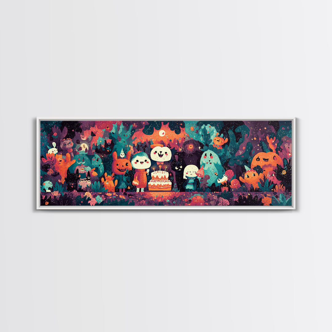 October'S Birthday Party, Vaporwave Halloween Decor, Extra Wide Wall Art, Canvas Print, Retro Halloween Decor, Neon Wall Art