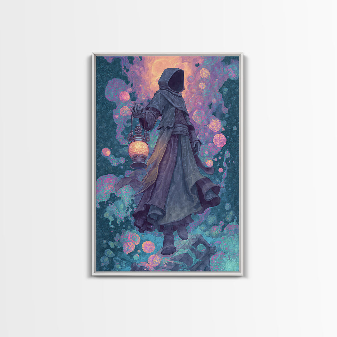 The Lantern-Bearer Of R’Lyeh, Retro Neon Halloween Art, Vertical Wall Art, Canvas Print, Retro Halloween Decor, Neon Wall Art