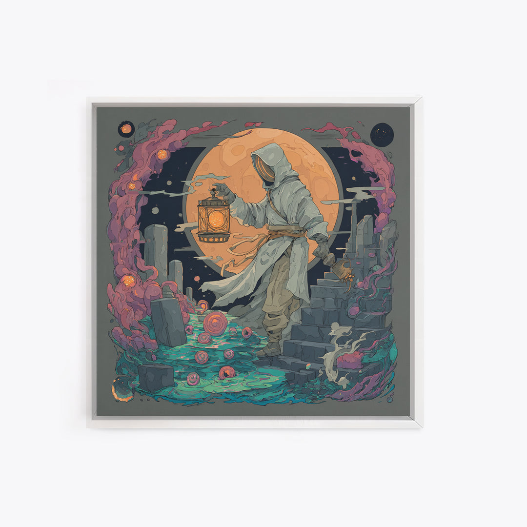 The Lantern-Bearer Of R’Lyeh, Vaporwave Halloween Decor, Square Wall Art, Framed Canvas Print, Retro Halloween Decor, Neon Wall Art