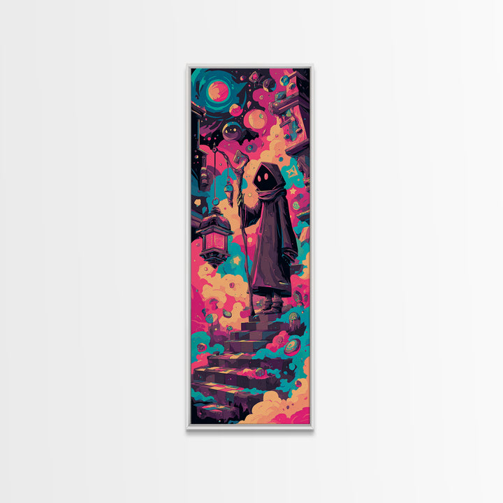 The Lantern-Bearer Of R’Lyeh, Retro Neon Halloween Art, Tall Narrow Wall Art, Canvas Print, Retro Halloween Decor, Neon Wall Art