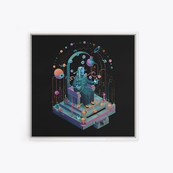 The Dreaming Priest Of The Outer Gate, Cosmic Synthwave Horror, Square Wall Art, Framed Canvas Print, Retro Halloween Decor, Neon Wall Art
