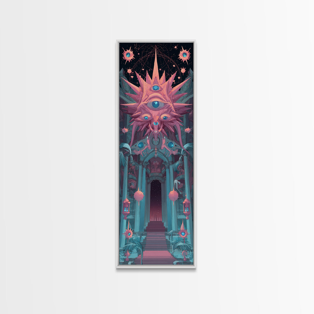 The Dreaming Priest Of The Outer Gate, Cute Spooky Neon Art, Tall Narrow Wall Art, Canvas Print, Retro Halloween Decor, Neon Wall Art