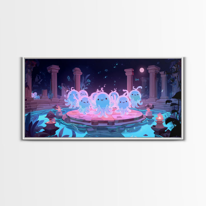 The Choir Of Deepwater Acolytes, Cute Spooky Neon Art, Wide Panoramic Art, Canvas Print, Retro Halloween Decor, Neon Wall Art