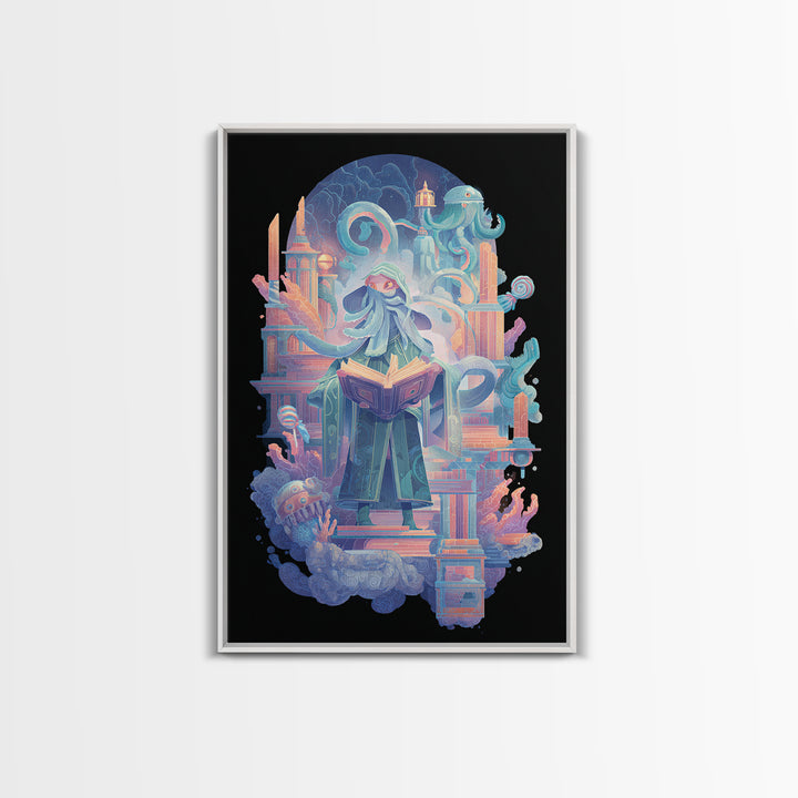 The Librarian Of Forbidden Tides, Retro Neon Halloween Art, Vertical Wall Art, Framed Canvas Print, Retro Halloween Decor, Neon Wall Art